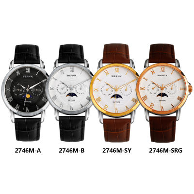Berny Quartz Sapphire Men Watch Day-Date Moon Phase Scale Multi-Function Dial Business Wristwatch Sapphire Luxury Men Watch