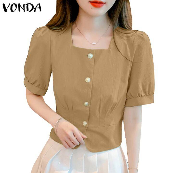 vonda-เสื้อเบลาส์ลําลอง-แขนพัฟ-คอสี่เหลี่ยม-ติดกระดุม-สีพื้น-สไตล์เกาหลี-สําหรับผู้หญิง