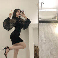 2020 new stand collar Lantern Sleeve Korean hip pack Chiffon stitched velvet cheongsam dress