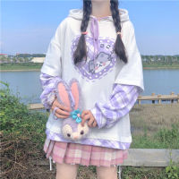 2021Japanese Kawaii Soft Girl Sweety Shirts Patchwork Kawaii Splicing Pullover Full Sleeve Cartoon Printed Loose Hooded Sweatshirts