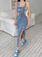 【CW】❈✹  HOUZHOU Fashion Suspender for 2023 Korean Side Split Jeans Backless Streetwear Dresses