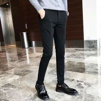 【Ready】? Summer Thin Mens Casual Cropped Pants Slim Fit Stretch Pepper Pants Tapered Pants Trendy Black Suit Long Pants