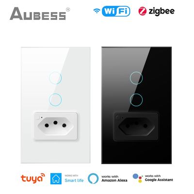 Tuya WiFi Smart Switch &amp; Socket Brazil Standard Glass Panel 1/2gang Wall Light Switch Buttons Works With Alexa Google Home