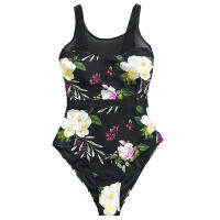 CUPSHE Lotus Floral Print And Mesh Patchwork One-piece Swimsuit Women O-neck Lace-up Monokini  Girl Beach Bathing Swimwear