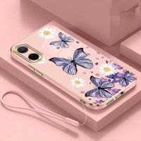 OPPO Reno เคสเดซี่น้อย8 T 5G Reno8 T 4G Reno 6 5 Pro 5G ขอบสี่เหลี่ยมชุบด้านหลังฝาสายคล้องแบบมีเคสนิ่ม TPU