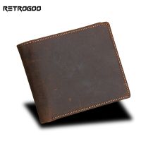 RETROGOO 100% Leather Vintage Men Short Wallet Male Retro Purse Crazy Horse Handmade Business ID Card Small Money Bag