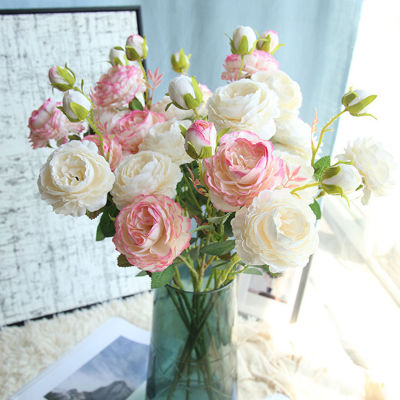 3 หัวสีชมพูดอกโบตั๋นสีขาวดอกไม้ผ้าไหม / กุหลาบดอกไม้ประดิษฐ์ / ผ้าไหมดอกโบตั๋นดอกไม้ประดิษฐ์ / ตกแต่งสวนแต่งงาน / ดอกไม้ปลอม