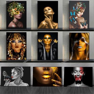 ☈☎✻ โมเดิร์นแฟชั่นผู้หญิงผู้หญิงแอฟริกันศิลปะภาพวาดผ้าใบพิมพ์ภาพ HD สีดำและสีทอง Portrait Wall Art โปสเตอร์สำหรับตกแต่งบ้าน