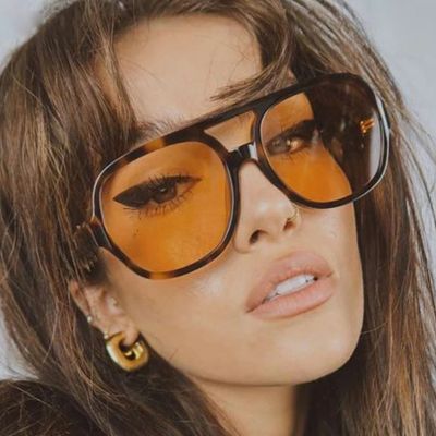 Fashion Pilot Oversized Sunglasses Woman Personality Double Bridges Sun Glasses Female Retro Leopard Orange Mirror Eyewear