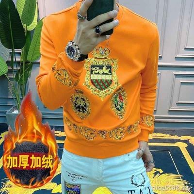 CODTheresa Finger nice 2020 autumn and winter new plus velvet thickening European station pullover sweater men s heavy industry embroidery round neck tide brand long-sleeved t-shirt [issued on October 25]