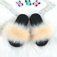 Kids Fur Slippers Faux Fur Slides Child Raccoon Home Flop Flip Mules Furry Flat Sandals Girls Cute Fluffy Shoes Baby Plush Cozy