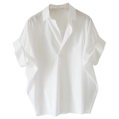 สีขาวเสื้อเชิ้ตแขนค้างคาวคอวีทรงหลวมสำหรับผู้หญิงผสมผ้าฝ้าย S-3XL 4สีสีทึบสไตล์เกาหลี