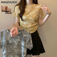 MAOZHUXIA เสื้อยืดแขนสั้นเสื้อนอกคอกลมผู้หญิงมีเชือกรูด