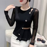 Korean fashion irregular hem T shirt Hot drilling Casual shirt Long-sleeved Patchwork Mesh Women Tops