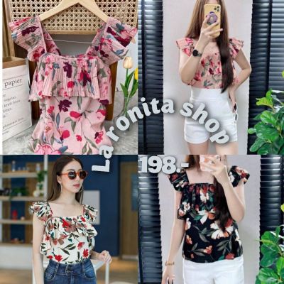 ✅ พร้อมส่ง🛍Floral-P เสื้อสายเดี่ยว อัดพลีส ระบายอก ลายดอก /สีพื้น  งานน่ารักมากกก🍑