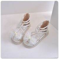 Girls Roman Sandals 2023 Summer Korean Style Super Fashionable M White Pearl Lace Bow Bandage Princess Sandal Boots