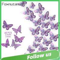 FOXNUTANUJH 60 Pcs มี3ขนาด ของตกแต่งผนังรูปผีเสื้อ3D สีม่วงสีม่วง พีวีซีพีวีซี สปาร์กลิง สำหรับตกแต่งบ้านห้องนอน มันเงางาม สำหรับงานเลี้ยงวันเกิดงานแต่งงาน