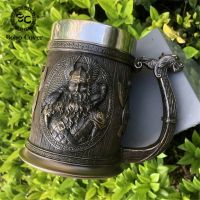 Vikings Odin อีกานักรบสแตนเลส Danegeld Tankard แก้วมัคโล่ขวานยุคกลางสองชั้นกาแก้วเบียร์เครื่องประดับวินเทจ