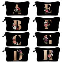 26 Initials Flower Cosmetic Bag Golden A-Z Letter Makeup Bag Black Women Travel Bridesmaid Ladies Cosmetic Case Girls Beauty Bag