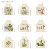 ﹍ Kitchen Apron Hand Painted Beautiful Cactus Printed Sleeveless Cotton Linen Aprons for Men Women Home Cleaning Tools 38x47cm