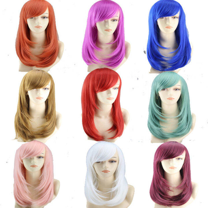 hot-woodfestival-ผู้หญิงวิกผมสังเคราะห์ตรงกับ-bangs-หญิงคอสเพลย์-wigs-สีแดงสีฟ้าสีชมพูสีขาวสีเขียวสีส้ม-burdy-สีน้ำตาล