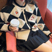 Long Sleeve Buttons Sweater Round Neck Contrast Checkerboard Embroidery Flower Single Breasted Knit Cardigan Sweater