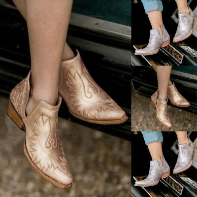 รองเท้ารองเท้าบู๊ตหุ้มข้อส้นตึกสำหรับผู้หญิง,รองเท้าบูทหนังแฟชั่นลำลองรองเท้าบูทลายเสือดาว