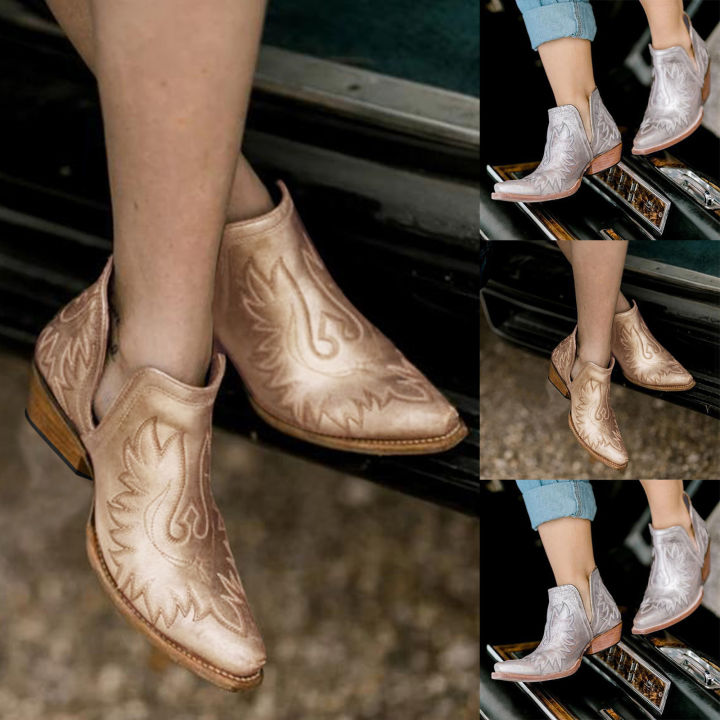 รองเท้ารองเท้าบู๊ตหุ้มข้อส้นตึกสำหรับผู้หญิง-รองเท้าบูทหนังแฟชั่นลำลองรองเท้าบูทลายเสือดาว