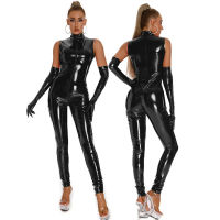 ซิปเปิดเป้า WetLook กลวงเงา F AUX หนัง J Umpsuit ผู้หญิงเซ็กซี่พีวีซีน้ำยาง Catsuit เร้าอารมณ์เครื่องรางคลับสวมเครื่องแต่งกาย