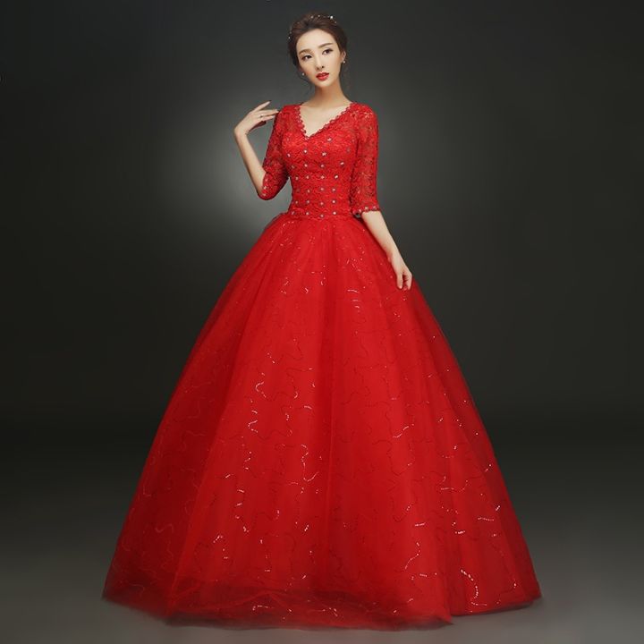 ชุดเดรสยาวเปิดไหล่สีแดงสำหรับผู้ใหญ่นางฟ้าชุดแต่งงานเจ้าสาว-qs1098งานแต่งงาน