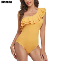 Riseado One Shoulder Swimsuits Ribbed Swimwear Women 2022 Ruffle Swimming Suit for Women Solid Bathing Suit Summer