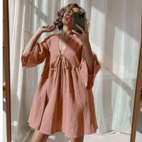 【 WYIN kitchen】 Night Dress For Women Cotton Robes Peplum Half Sleeve V Neck Sleepwear Female 2023 Spring Casual Woman Dresses Solid Pajamas