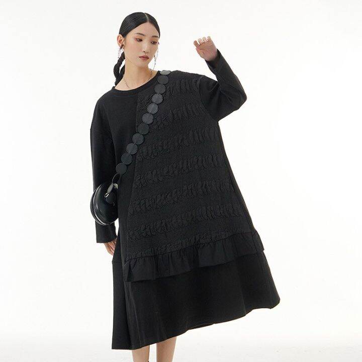 xitao-dress-long-sleeve-black-patchwork-casual-loose-dress