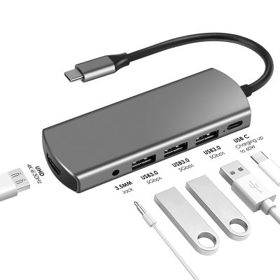 USB C Hub 6 In 1หลายแยก USB เสียง4พัน HDMI พอร์ต USB 3.0กับ PD อะแดปเตอร์สำหรับ Xiaomi PC D Ock StationType C
