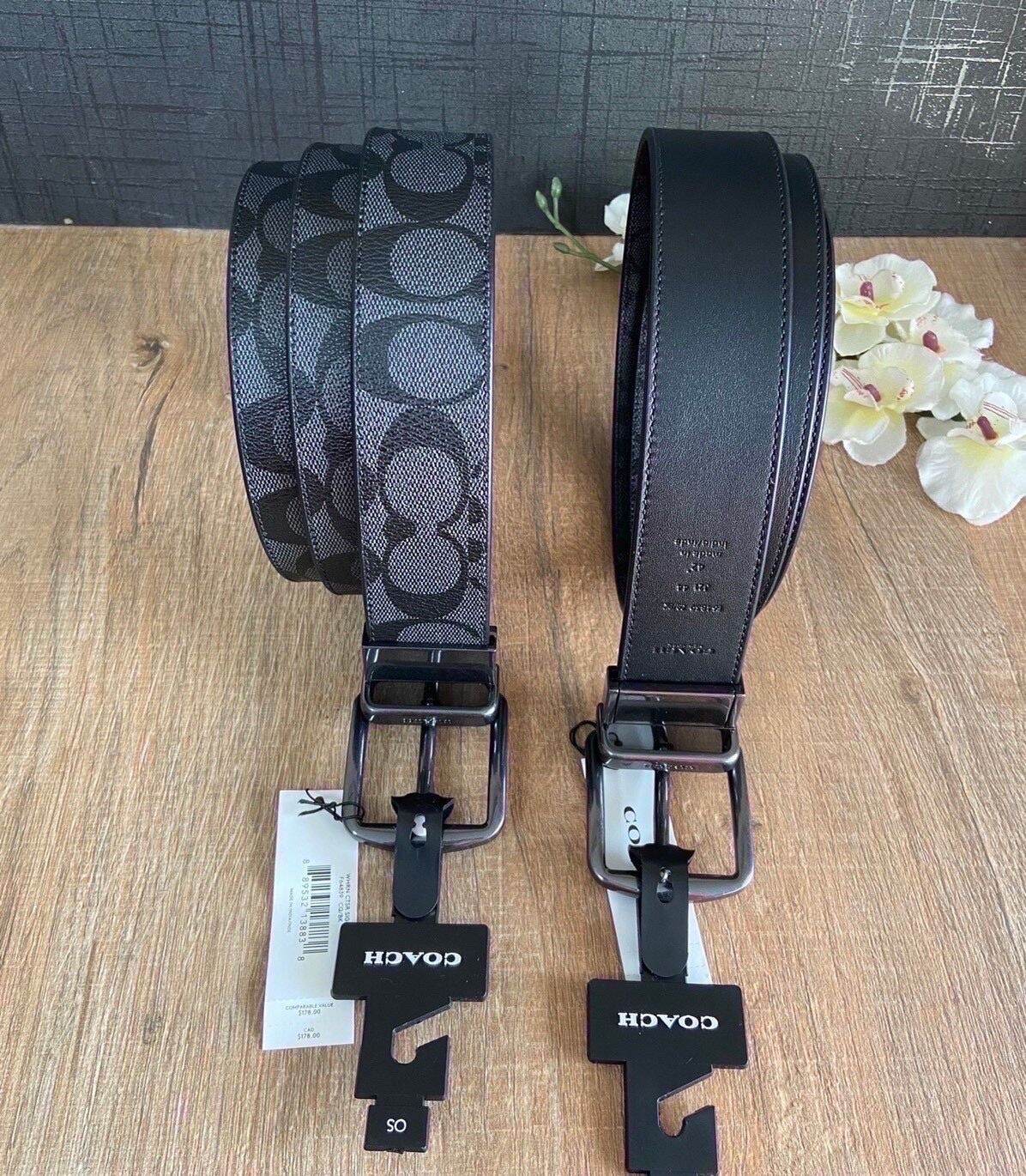 COACH เข็มขัด WIDE HARNESS CUTTOSIZE REVERSIBLE SIGNATURE COATED