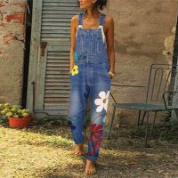 Womens Fashion Casual All-Match Jeans Flower Print Pocket Overalls Trousers