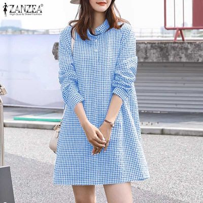 (สินค้ามาใหม่)(จัดส่งฟรี)Fancystyle ZANZEA เสื้อสไตล์เกาหลีของผู้หญิงลายตารางหมากรุกแฟชั่นคอสองชั้น Sundress #10