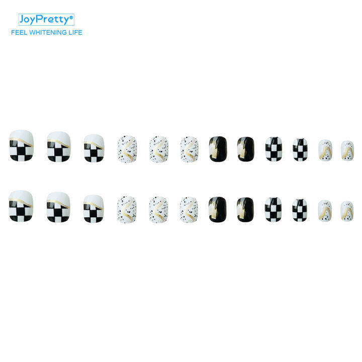 JoyPretty 24PCS Short Press on Nails Black Checkerboard Sweet Style