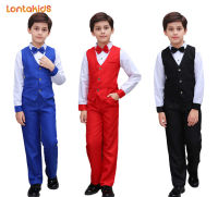 lontakids 4Pcs Kids Boys Formal Vest Suits (Long Sleeve Shirt + Vest + Pants + Bow Tie) Child Clothes Sets Wedding Piano Performance Outfits 3-12 Years dwf