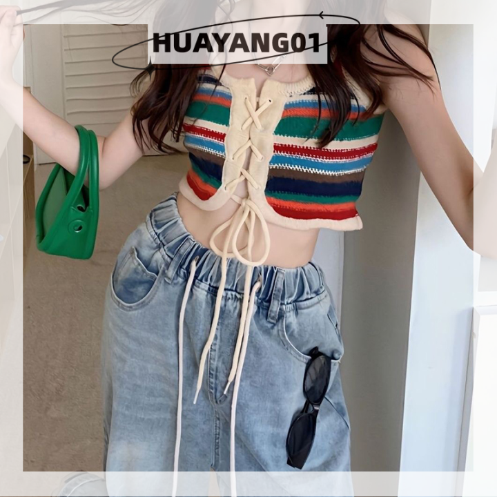 huayang01-2023-new-hot-fashion-lazlook-เสื้อชั้นในสตรีถักลายทางสีสันสดใสฤดูร้อนเสื้อแขนกุดผูกเชือกเซ็กซี่