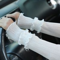 Women Arm Warmers Pleated Yarn Long Breathable Sunscreen Outdoor Driving Arm Sleeve Fingerless Gloves Sexy Lace Gloves Sleeves