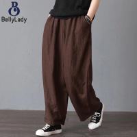 Women Loose Wide-leg Pants Casual Cotton Linen Simple Solid Color Trousers Mid-waist Large Size Thin Pants【fast】