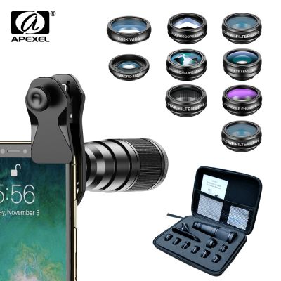 APEXEL 10 in 1 Mobile phone Lens Kit 22X Telephoto Fisheye lens Wide Angle Macro Lens+CPL Star Flow Filters for all smartphones