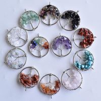 Wholesale 12pcslot mixed natural stone Tree of life handmade wire color wire wrapped Pendants 30mm for jewelry marking free