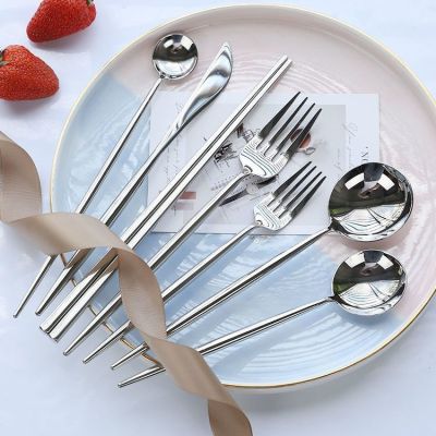Western-style food tableware steak knife and fork three-piece home long handle stainless steel light modern luxury dessert spoons chopsticks insTH