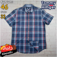 Tommy Hilfiger®แท้ อก 46 เสื้อเชิ้ตผู้ชาย ทอมมี่ ฮิลฟิกเกอร์ สีเทาอ่อน แขนสั้น เนื้อผ้าดี