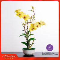 ็ืHanditop HAAR160006 Dendrobium1 YL แจกันดอกกล้วยไม้ปลอม หวายเดนโครเบียมสีเหลืองในแจกันเซรามิคสีขาว สำหรับตกแต่งหรือเป็นของขวัญของที่ระลึก