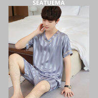 SEATUEMA ฤดูร้อนชายชุดนอนไอซ์สูงแขนสั้นสั้นเยาวชนคอวีชุดนอน