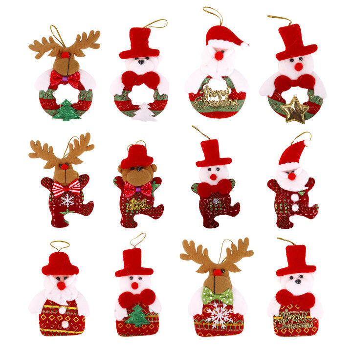 12pcs Christmas Bells Ornaments Snowman Xmas Tree Hanging Christmas Cloth Doll Pendant 4945