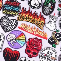 Flame Game Over Embroidered Patches For Clothing Thermoadhesive Patches Punk Skull Stickers Iron On Patches On Clothes Sewing